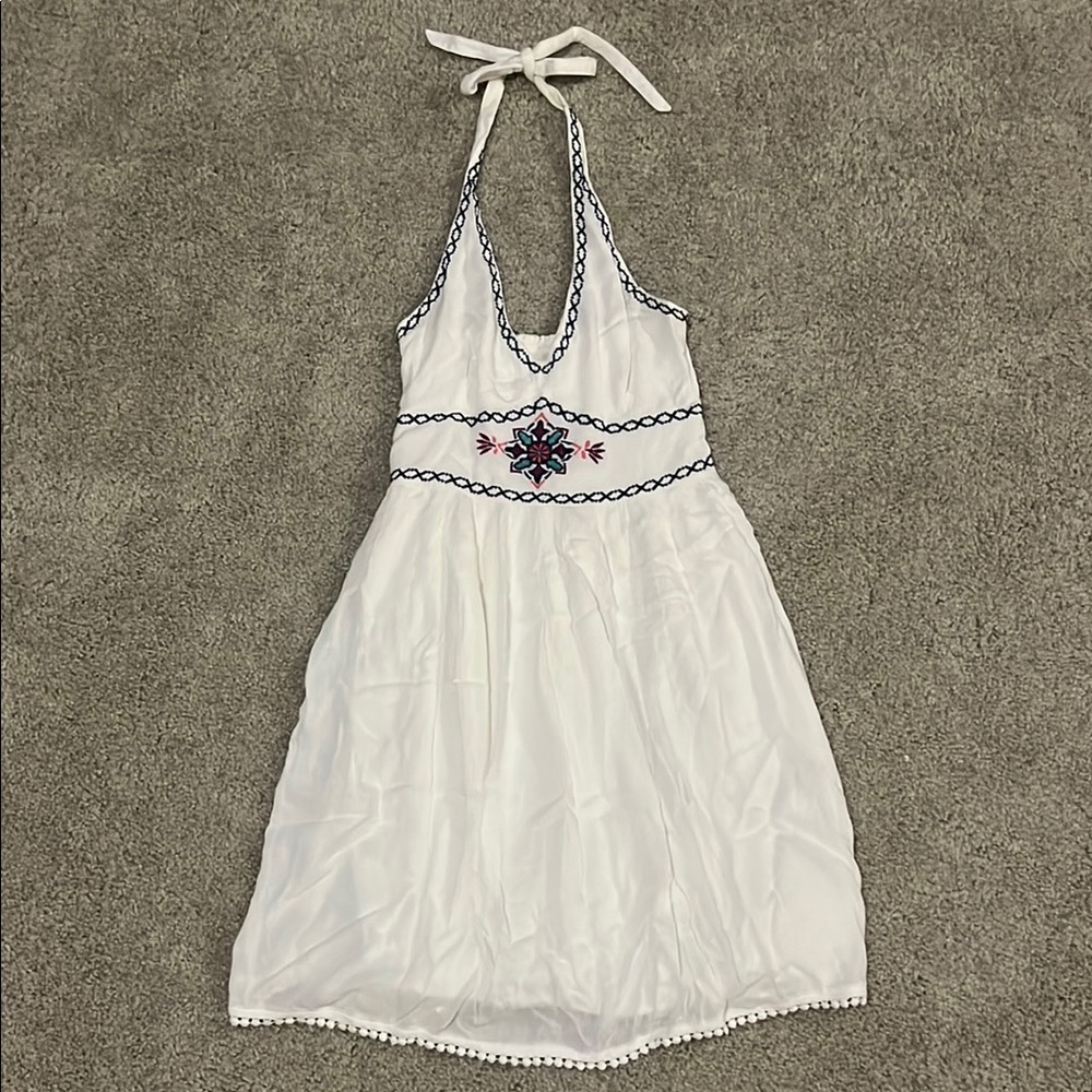 White Halter Dress with Embroidered Details